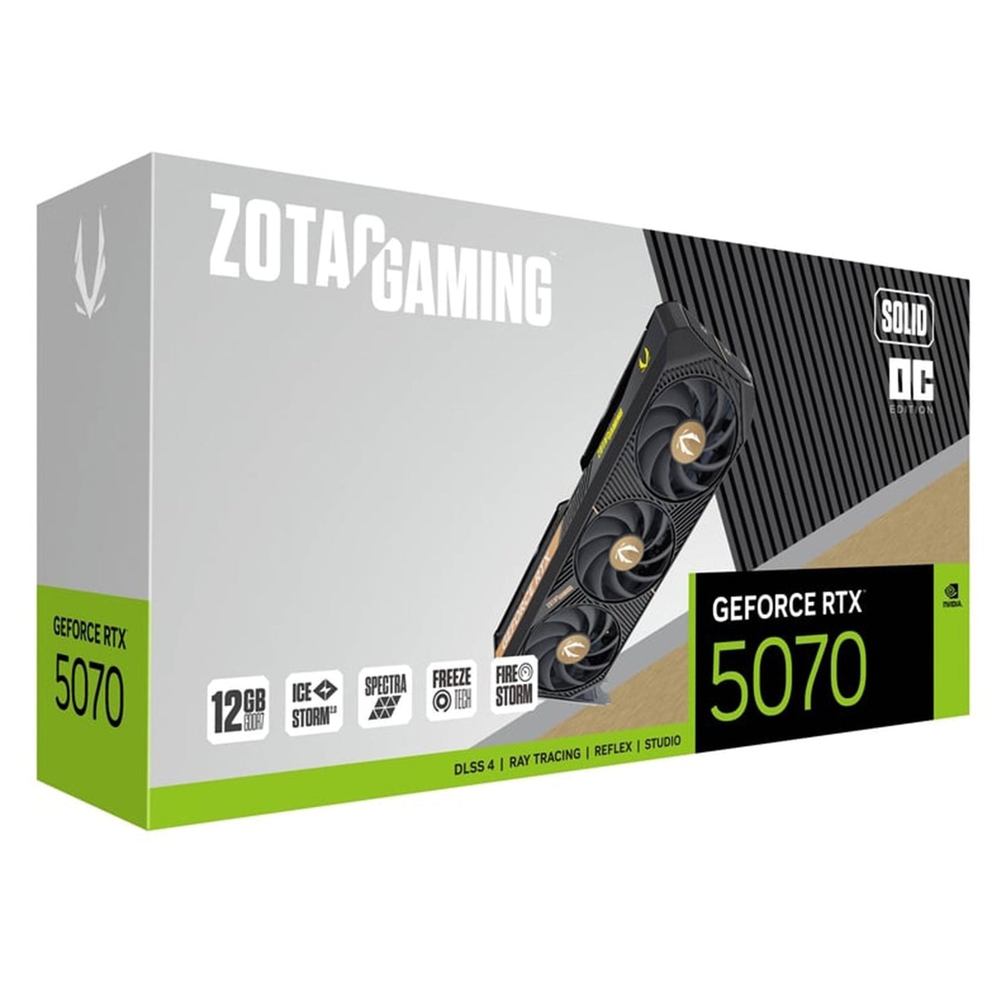 ZOTAC GAMING GeForce RTX 5070 SOLID OC Graphics Card - 12GB GDDR7, IceStorm 2.0 Cooling With BladeLink Fans, 3x Display Port / HDMI - (ZT-B50700J-10P)